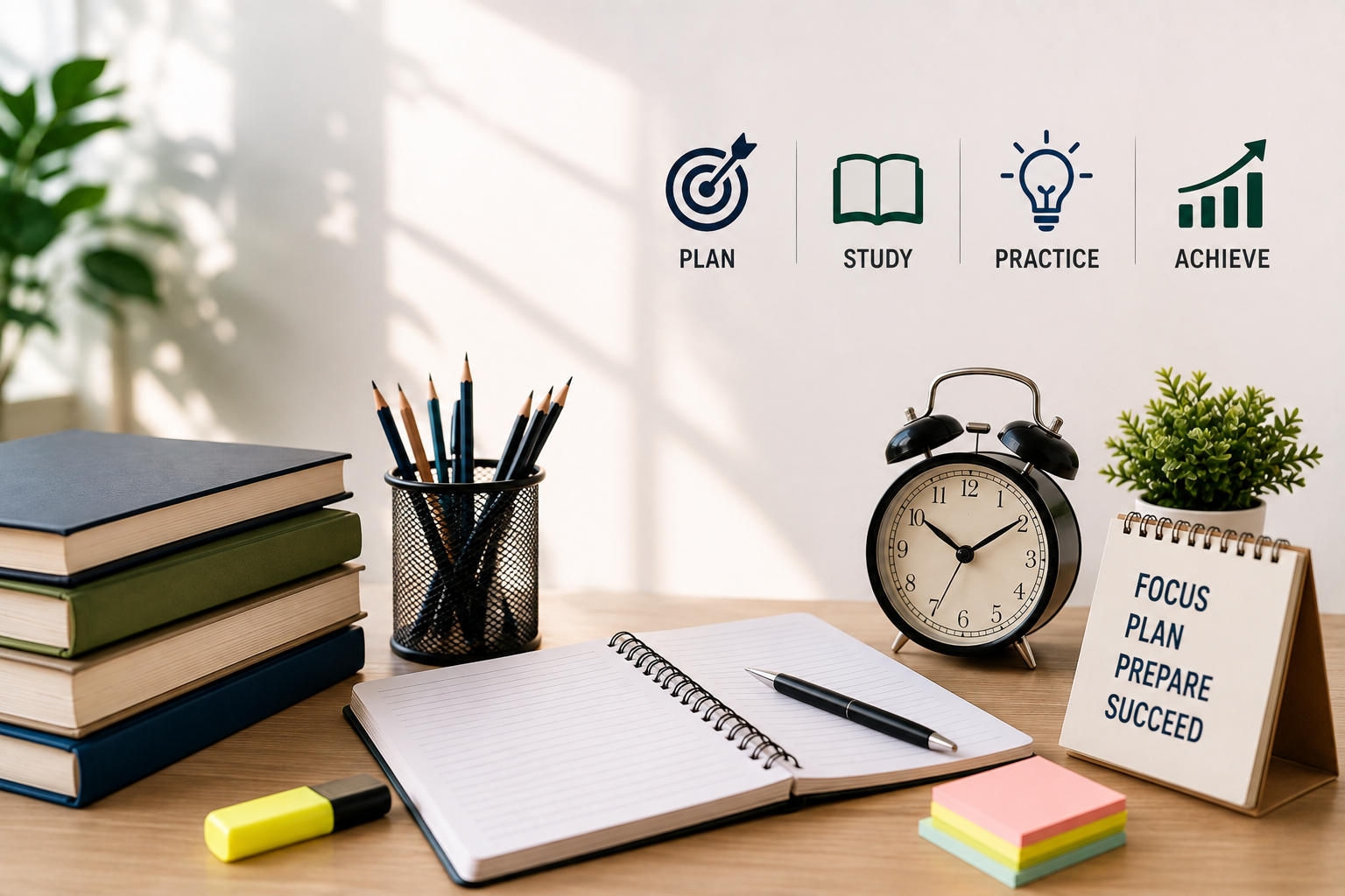 NEET preparation study setup with books, notebooks, pencils and learning materials