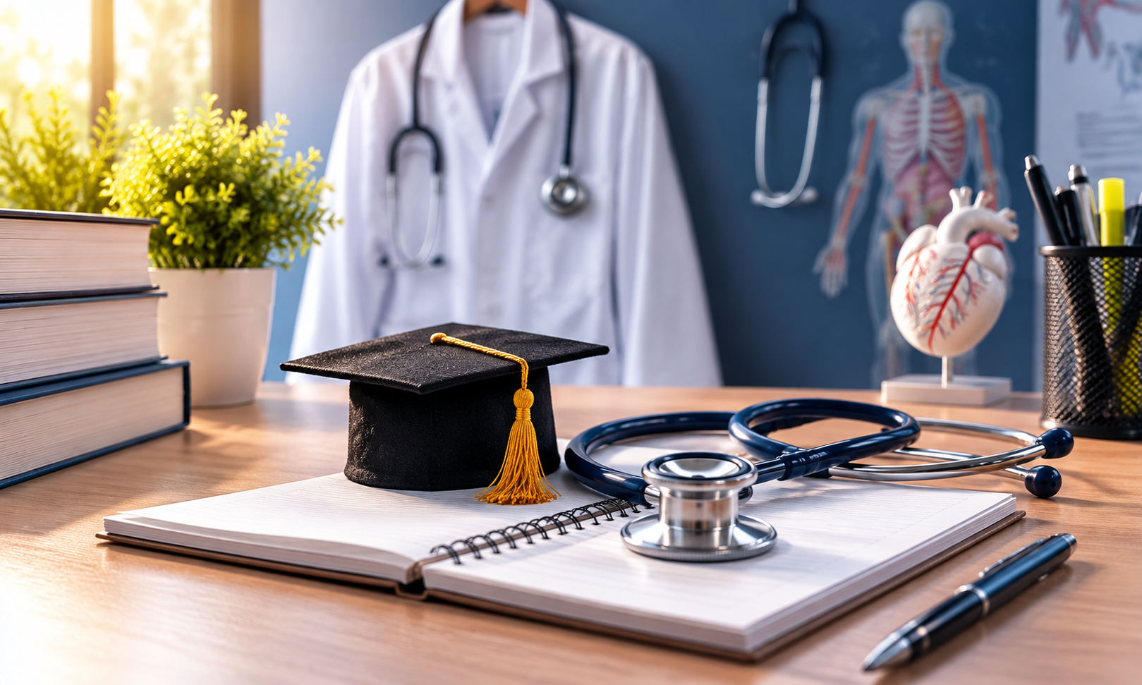 Medical career preparation concept with stethoscope, graduation cap, anatomy model and NEET study setup