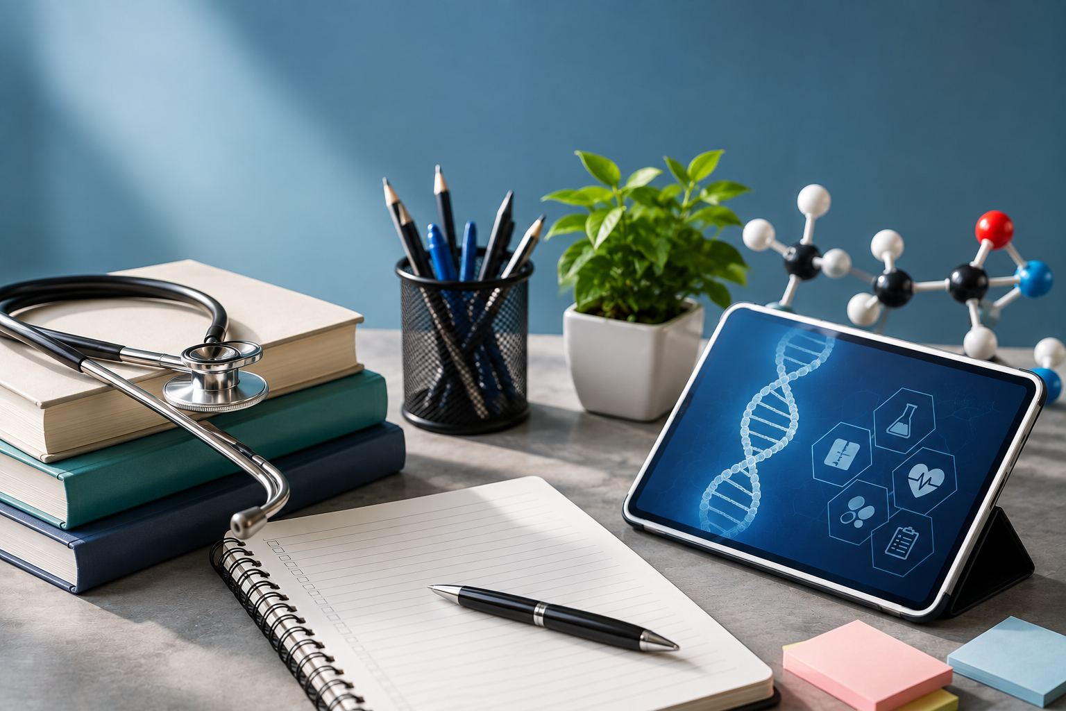 NEET preparation study desk with Biology, Physics and Chemistry books and medical learning resources