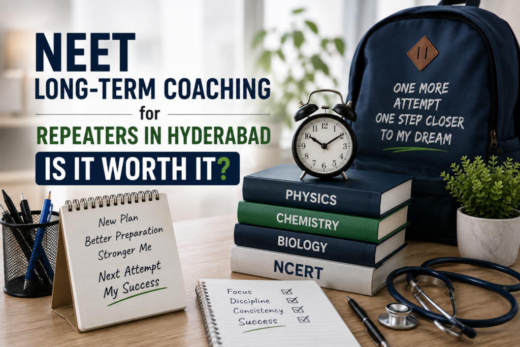 NEET repeater student studying with medical preparation materials and a focused study setup