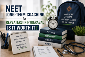 NEET repeater student studying with medical preparation materials and a focused study setup